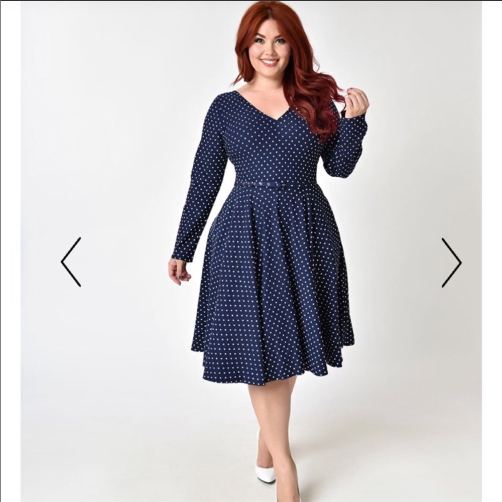 Unique Vintage Navy Polk Dot Fit n Flare Dress
